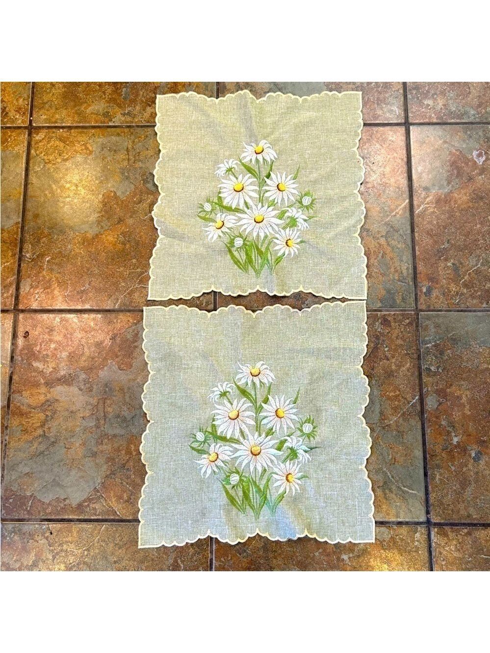 Vintage Tea Towel Embroidered Floral Cottage Core Set Of 2 Green Cotton Blend